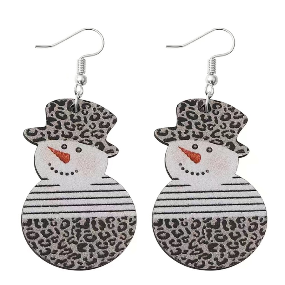 Wooden Winter Snowman with Hat Drop Earrings